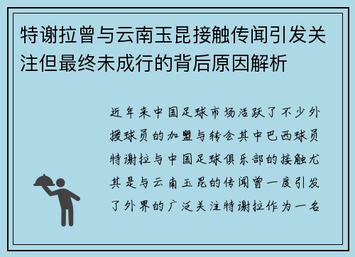 特谢拉曾与云南玉昆接触传闻引发关注但最终未成行的背后原因解析