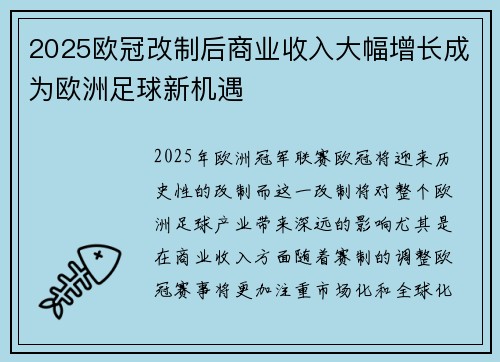 2025欧冠改制后商业收入大幅增长成为欧洲足球新机遇