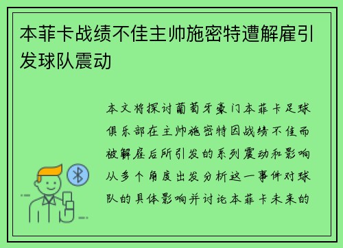 本菲卡战绩不佳主帅施密特遭解雇引发球队震动 本菲卡战绩不佳主帅施密特遭解雇引发球队震动