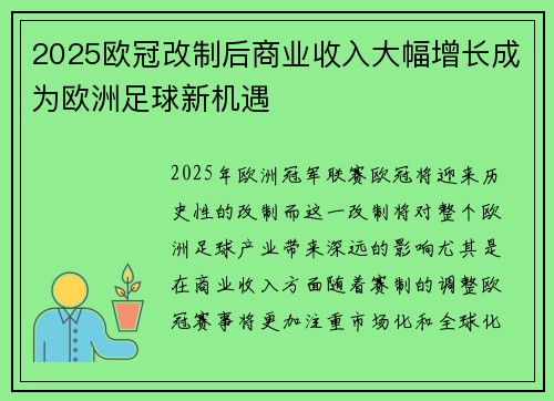 2025欧冠改制后商业收入大幅增长成为欧洲足球新机遇
